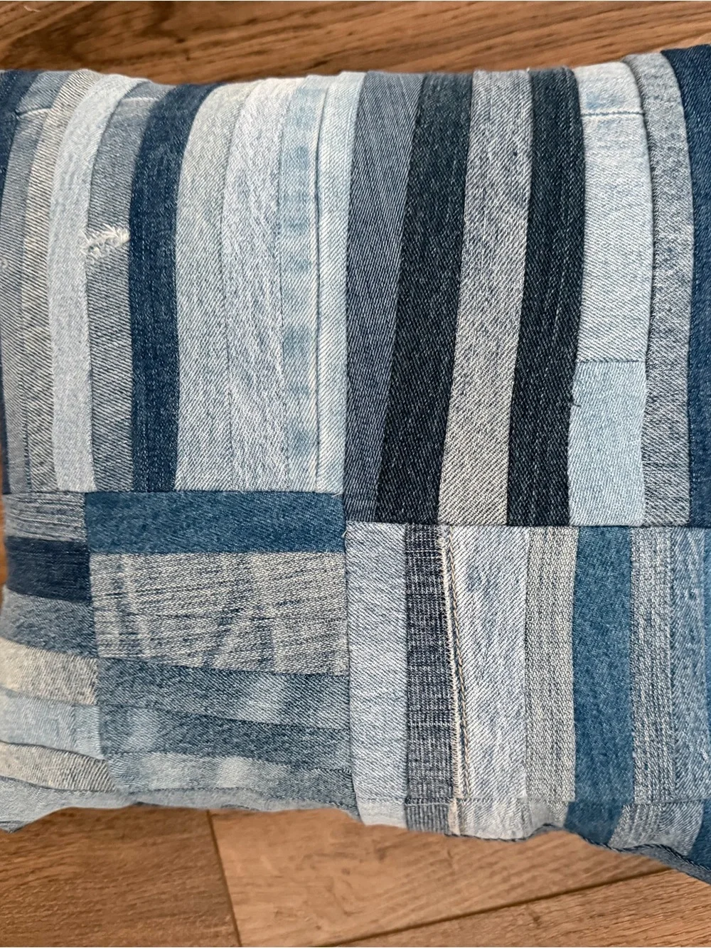 Striped Denim Patchwork Throw Pillow - Blue 12x12